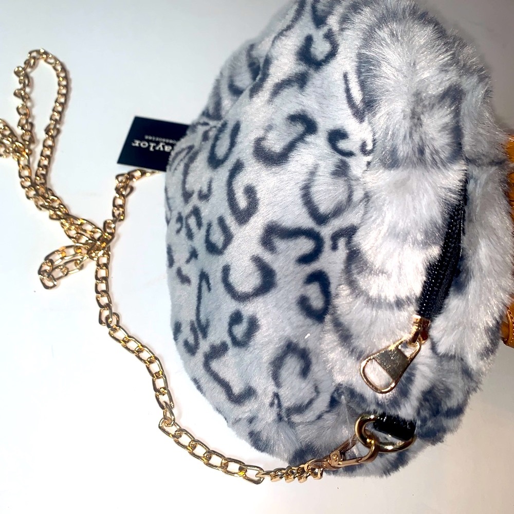 Leopard Print Faux Fur Bag Grey/ Black Purse NWT